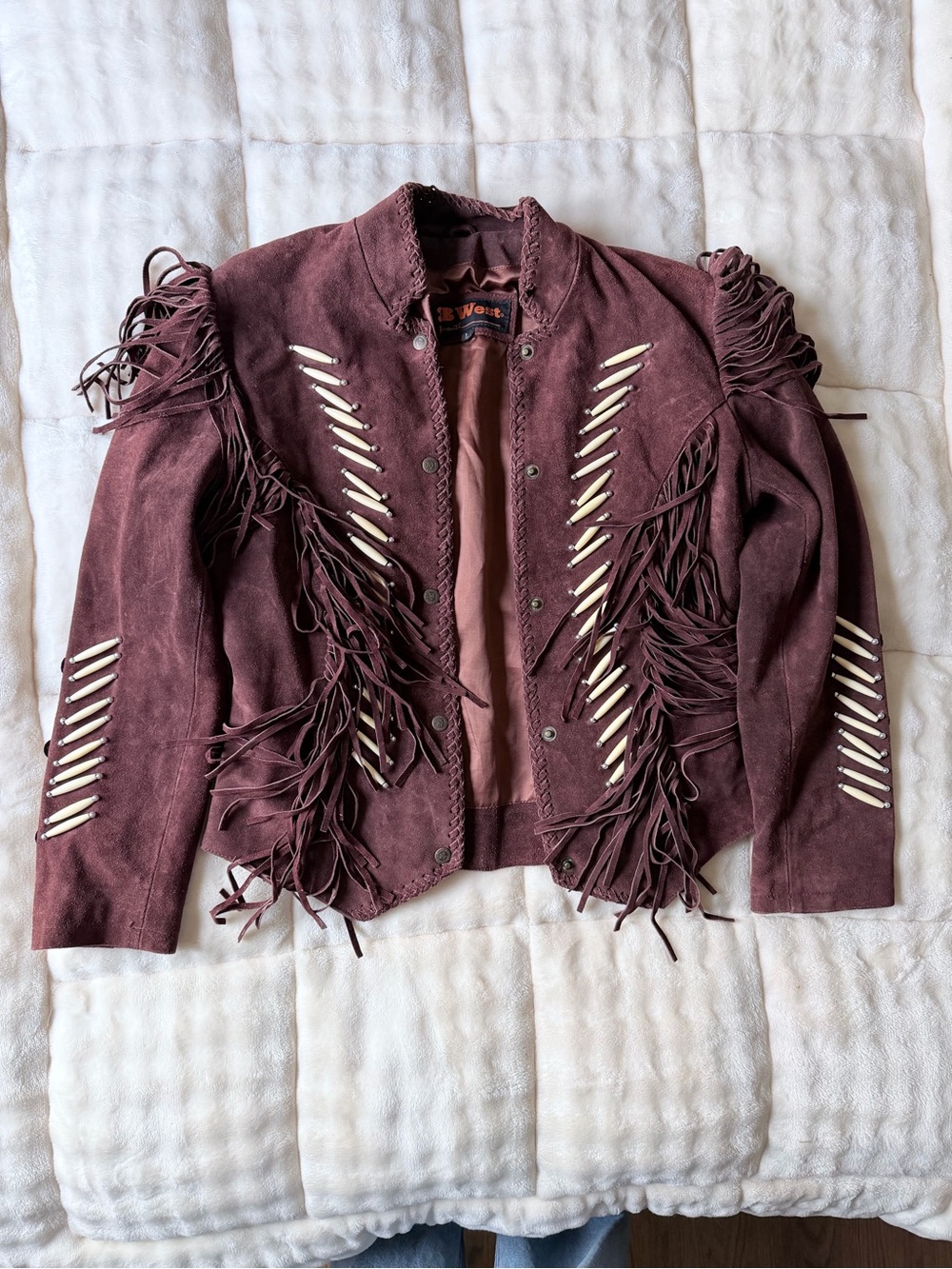 Burgundy Suede Fringe Jacket with Bone Accent